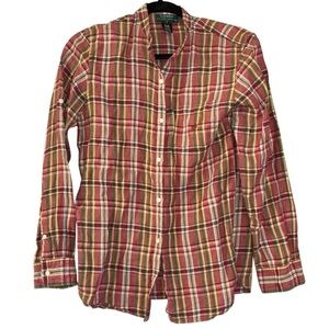 Lauren Ralph Lauren 100% Linen Plaid Collarless Button Down Blouse Women’s S